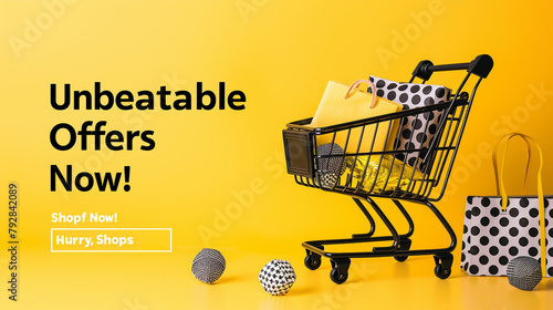 Radiant sunshine yellow background with chic black text "Unbeatable Offers! Hurry, Shop Now!"