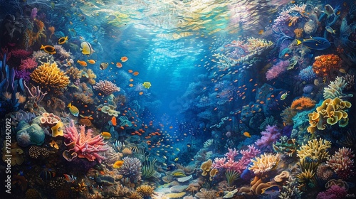 Beautiful illustrations showcasing the vibrant ecosystem of a coral reef. © tonstock