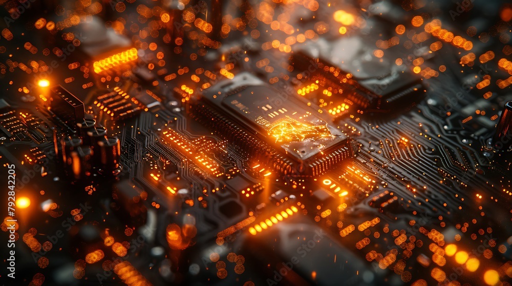 An artistic rendering of a segment of a motherboard magnified under a microscope, showcasing the minute textures of silicon chips and the intricate mesh of soldered connections.