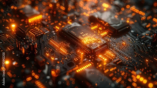 An artistic rendering of a segment of a motherboard magnified under a microscope, showcasing the minute textures of silicon chips and the intricate mesh of soldered connections.