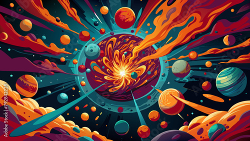 Cosmic Spectacle: Vibrant Illustration of a Colorful Solar System Explosion