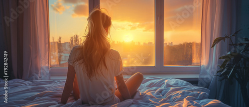 women sitting on the bed after wake up look at the sunrise through the window