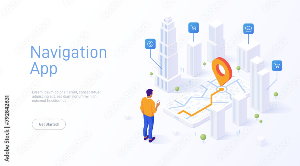 Man uses his mobile phone GPS amidst towering isometric skyscrapers, following a digitally laid-out route. Location tracking concept isometric vector illustration. Choosing shortest road. Man uses his mobile phone GPS amidst towering isometric skyscrapers, following a digitally laid-out route. Location tracking concept isometric vector illustration. Choosing shortest road.