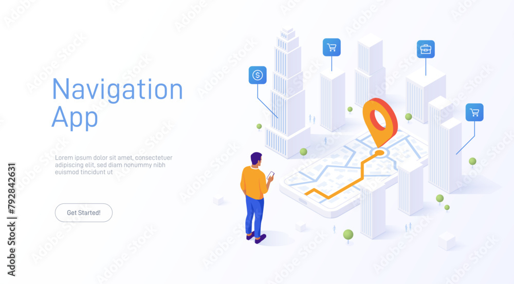 Man uses his mobile phone GPS amidst towering isometric skyscrapers, following a digitally laid-out route. Location tracking concept isometric vector illustration. Choosing shortest road.