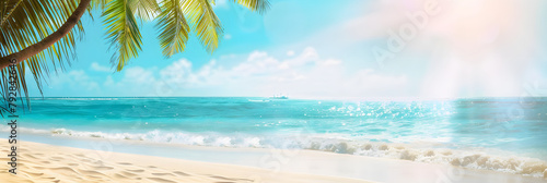 Sunny tropical Caribbean beach with palm trees and turquoise water, caribbean island vacation, hot summer day