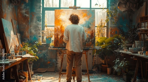 Artistic Lifestyle. An artist painting a canvas in a sunlit studio. AI generate illustration