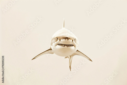 Close-up view of a great white shark facing forward in a beige background