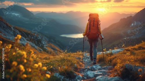 A solo hiker trekking along a mountain trail. AI generate illustration photo