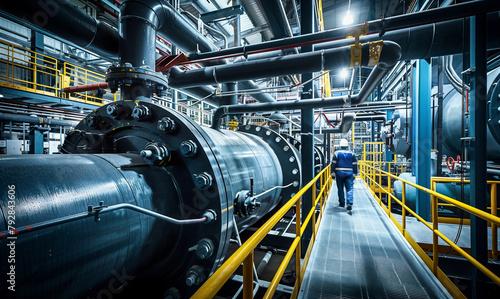 Wallpaper Mural a man walking down a walkway in a factory with pipes and pipes on either side of him and a man in a blue shirt Torontodigital.ca