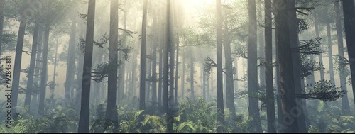 Forest in the morning in a fog in the sun, trees in a haze of light, glowing fog among the trees, 3D rendering © ustas