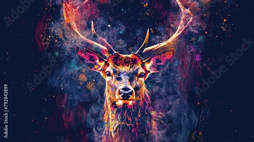 Like an abstract multicolored deer in watercolor style on a black background. digital vector graphics photo