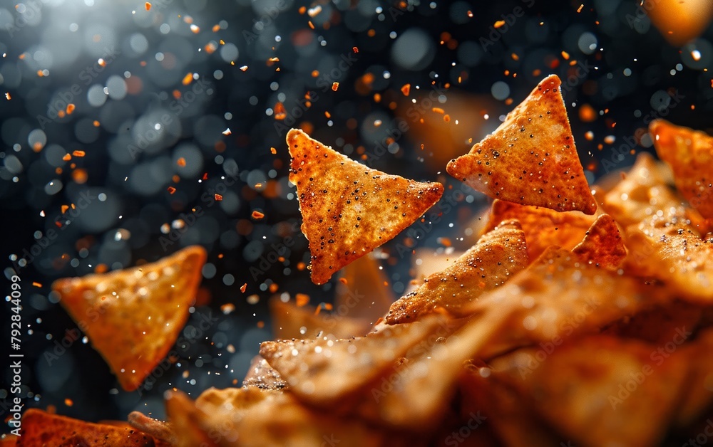 The crunchy potato chips fly through the sky, twinkling like nighttime stars. AI-generated. The crunchy potato chips fly through the sky, twinkling like nighttime stars. AI-generated.