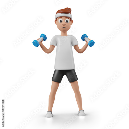 Realistic man training with dumbbells. Vector sports character in plasticine style