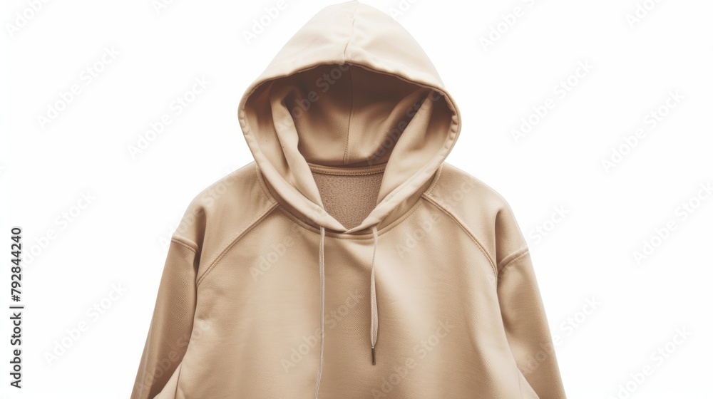 White background with beige hoodie template, long sleeve hoodie for design mockup, isolated on white.