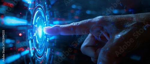 A human finger presses on a touch screen and activates futuristic artificial intelligence. Manufacturing, Artificial Intelligence, and Computer Technology merge together. photo