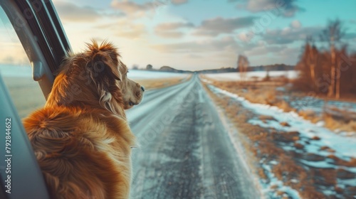 Dog traveling by car. Nova Scotia Duck Tolling Retriever enjoying a road trip.