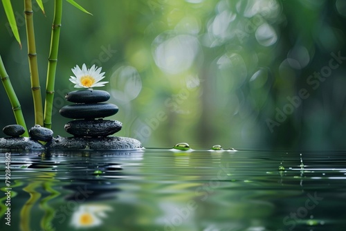 Tranquil Zen garden with pebbles  bamboo  blossoms  and a serene water feature  perfect for unwinding and rejuvenating the mind and body through massages  spa treatments  and self-care practices.