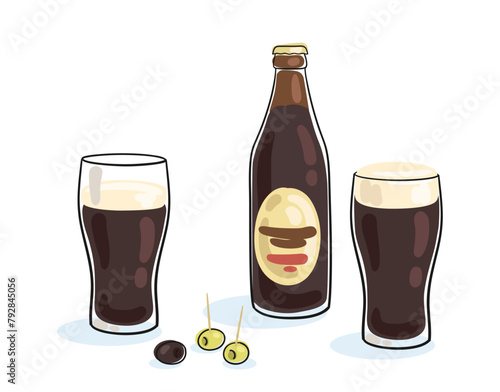 One bottle and two glasses of dark beer with snack. Picture in line style. Black outline with colored spots. Isolated on white background. Vector flat illustration.  © Shvetsova Yulia