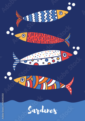 Sardines. Poster with colorful fish. Cute illustration.