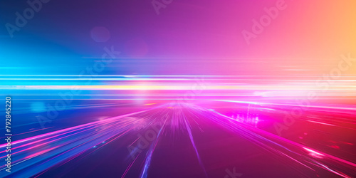 Dynamic light streaks in neon pink and blue hues racing across a digital landscape  conveying speed and futuristic energy