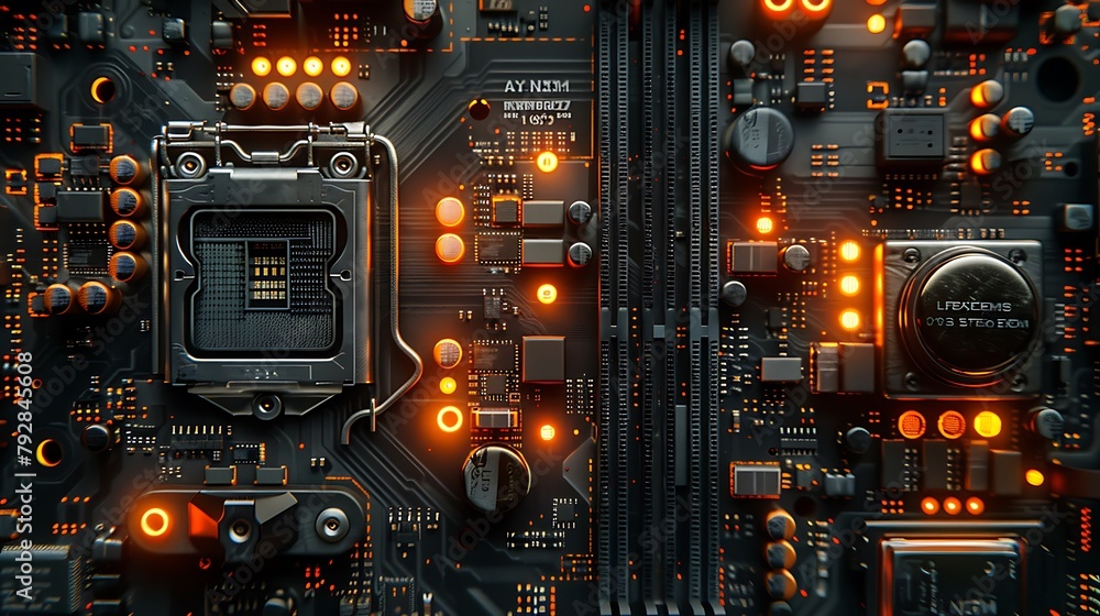 A panoramic shot zooming into the intricate world of a motherboard's chipset area, highlighting the complex network of tiny transistors, resistors, and capacitors. A panoramic shot zooming into the intricate world of a motherboard's chipset area, highlighting the complex network of tiny transistors, resistors, and capacitors.