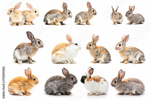 Photograph of rabbits sitting together on a white background