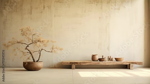 Warm neutral wabi sabi style interior, Japanese minimalistic style, grungy wall	
