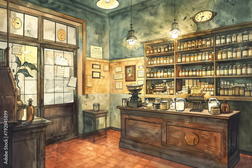 Vintage pharmacy interior with wooden shelves and apothecary jars.