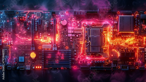 A panoramic view of a motherboard, visualized through a thermal camera lens, showing the intricate heat patterns that emerge during operation.