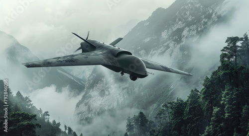 A sleek military drone soaring above the forest, capturing the distant mountains and clouds in high definition with its camera