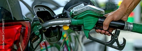 green oil nozzle when using gas Black automobile in gas refilling station, hands filling the car with petrol.