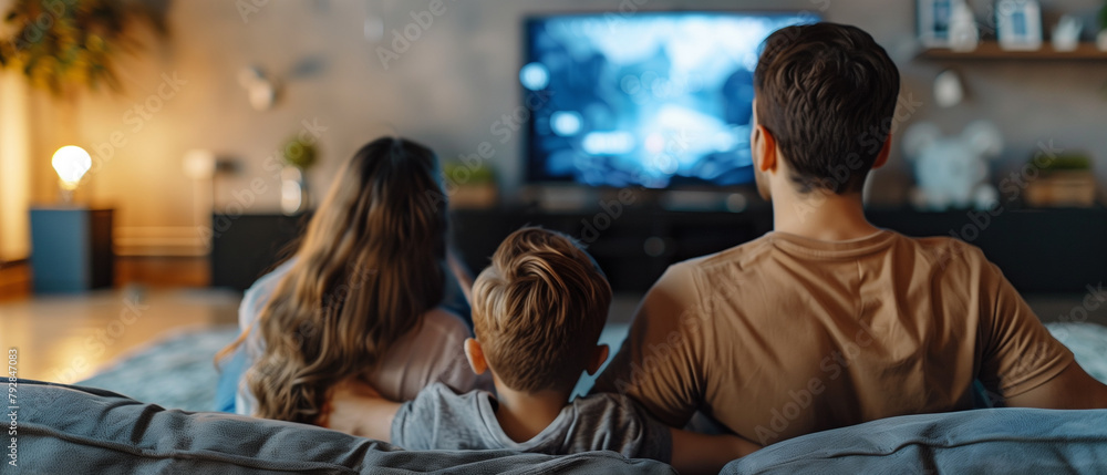 a happy family watching TV together 