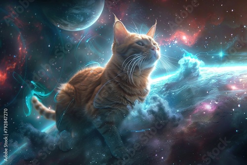 Space Cat Adventure: Kawaii Astronaut Exploring Outer Space photo