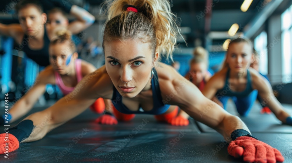Naklejka premium Male and female athletes with ponytails and exercise gloves together. Do planks for strength and abs in the gym for a healthy and sporty lifestyle.