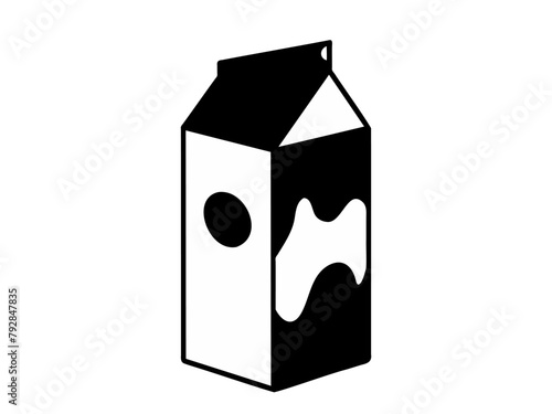 Black and white silhouette of milk carton or juice carton. Simplistic packaging icon in monochrome style. Dairy or beverage container. Graphic design element. Isolated on white backdrop. Print.