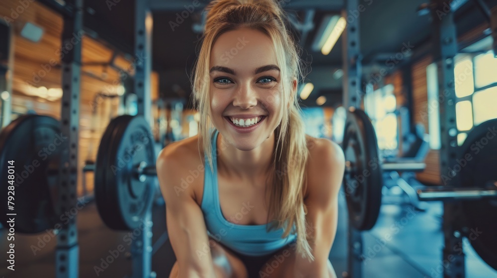Fototapeta premium Male and female athletes with ponytails and exercise gloves together. Do planks for strength and abs in the gym for a healthy and sporty lifestyle.