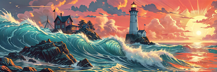 Fototapete Nautischer Stil Weisser Leuchtturm im Manga-Stil  © Andrey_Arkusha
