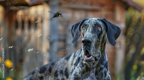 Close-up, very sharp photo with intricate details of a Great Dane trying to catch an Aedes aegypti mosquito flying in front of it with its wings buzzing