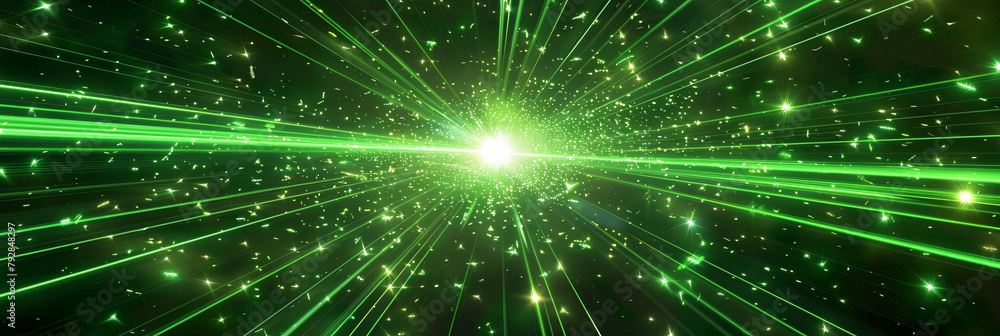 Obraz premium Green light burst speed montion background, green Explode particles freeze splash, gsuitable for futuristic, technology, or energy concept designs, banner, copy space, 
