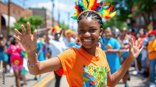 A young girl with a joyful expression on her face waving as she walks in a colorful parade  surrounded by spectators