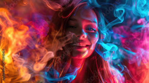 A woman is joyfully smiling amidst vibrant colored smoke surrounding her