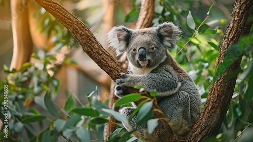 Koala bears sit on tree branches and munch on leaves.