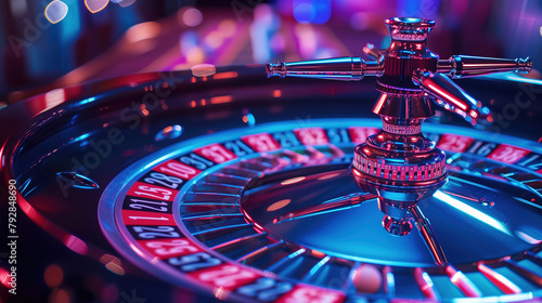 Illuminated Roulette Wheel Close-Up in a Casino Setting at Night