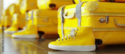 Yellow suitcases and sneakers. Travel concept. 3D rendering