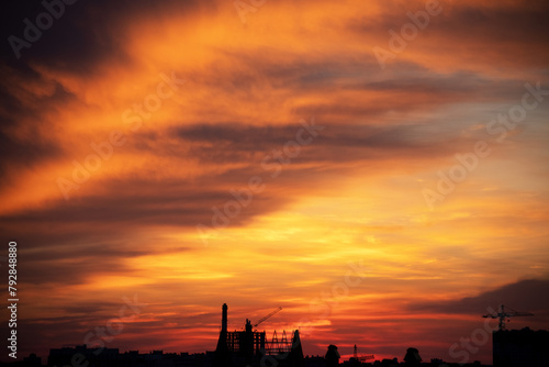 Sunset sky background panorama concept. Top view of horizon Evening sunset sky and morning sunrise in Colorful city with copy space. Empty beautiful sky, panoramic view, tropical bright twilight