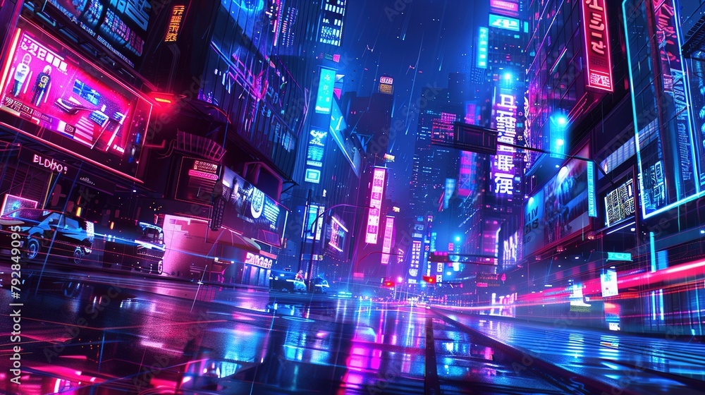 Illustration of the futuristic city cyberpunk. Empty street with bright neon lights and bright billboards. Beautiful night cityscape