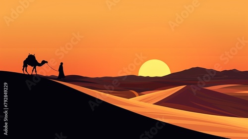 Silhouette of person leading camel at sunset.