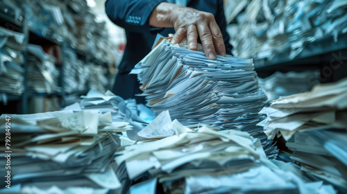 A person sorts through an overwhelming amount of documents in a cluttered file storage area