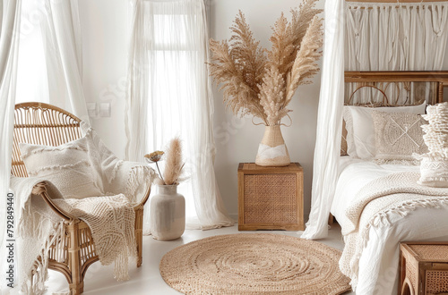A white bohemian style bedroom with light wood accents, featuring wicker furniture and woven decor elements