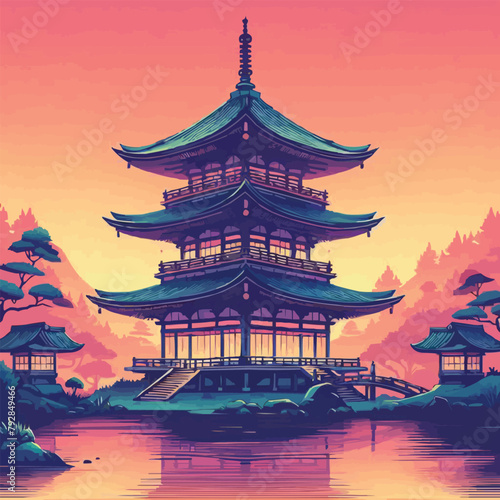 free vector Gradient japanese temple with lake